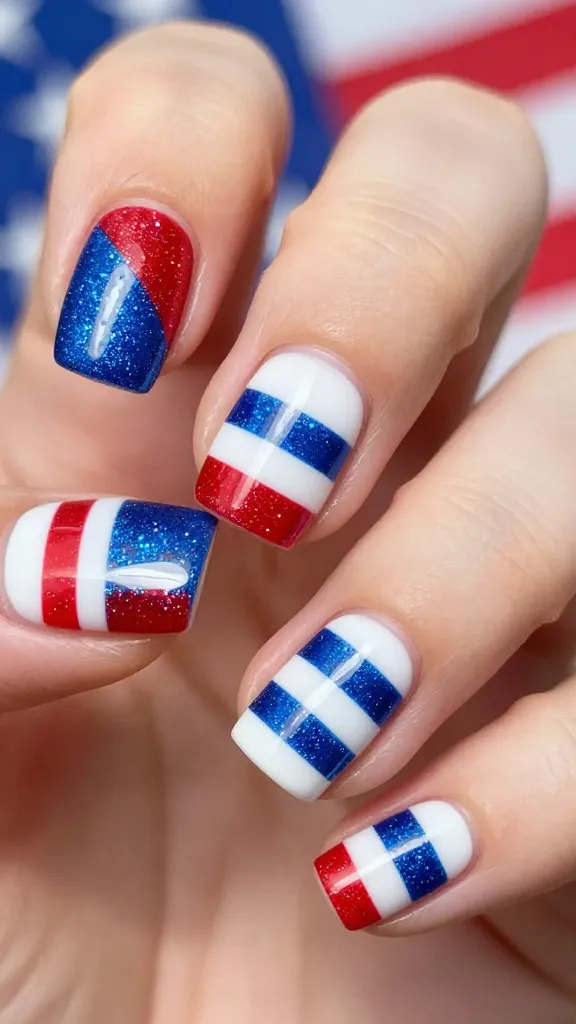 A high-resolution close-up photograph of a set of hands with 4th of July glitter striped nails. The nails feature bold red, white, and blue glitter polishes arranged in clean, crisp stripes using diagonal and block patterns created with striping tape for ultra-smooth lines. The thumb and index finger display diagonal red and blue glitter blocks against a glossy white nail, while the middle and ring fingers showcase horizontal red, white, and blue glitter stripes. A matte or gloss top coat finish is visible, enhancing shine and depth. The background is softly blurred to emphasize the nails, with subtle patriotic lighting and a hint of festive blue, red, and white accents, conveying a glamorous, party-ready manicure suitable for a 4th of July celebration. No text on the image.