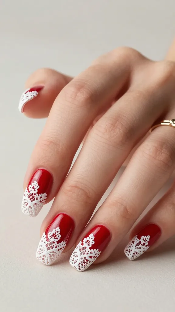 Create a hyper-realistic, high-resolution photograph of a fashionable, festive manicure featuring "White Lace Over Red" nails. The main subject is a hand with well-manicured nails resting gracefully on a smooth, neutral-toned surface. Nails are glossy red as the base with delicate white lace detailing painted or stamped over the tips and entire nails to resemble intricate lacework, creating an elegant contrast and subtle texture. The lace should appear refined and ornate, with fine lines and floral-inspired patterns, maintaining a sophisticated, classy vibe. The finish is a sheer, satin top coat to keep the lace delicate and light. The hand is accessorized minimally with light, delicate jewelry (thin rings or a delicate bracelet) and the overall styling evokes a chic July celebration. The lighting is soft and natural, highlighting the texture of the lace and the glossy red base without harsh shadows, and the background is a clean, airy setting that emphasizes the manicure as the focal point. No text on image.