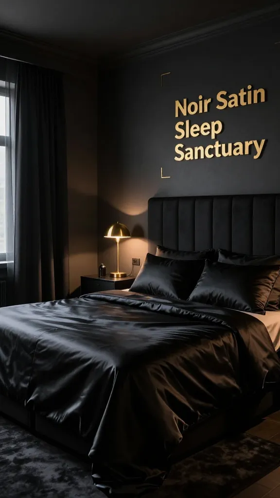 A photorealistic interior scene of a moody, hotel-inspired bedroom titled "Noir Satin Sleep Sanctuary." The room features matte charcoal walls with a deep charcoal accent, a tall, dark headboard in black satin upholstery, and luxurious black satin sheets in coal tones on a plush bed. Gold accents glow softly from a slim gold-framed mirror, minimalist gold bedside hardware, and a discreet gold-edged lamp casting warm ambient light. Blackout curtains in near-black fabric frame a window, allowing the glow to seep through subtly. The bedside arrangement is minimal with a single low-profile nightstand, a small gold-toned lamp, and one curated accessory. The overall color palette includes deep charcoal, black satin, and gold highlights to create a bold, mysterious, and chic atmosphere. The lighting is soft, cinematic, and hotel-like, with reflections on satin surfaces adding depth. The main subject (the bed) is centered, with a slight tilt to showcase texture, lamps, and the gold-framed mirror to the side, all presented in a high-resolution, photo-realistic style. No text on the image.