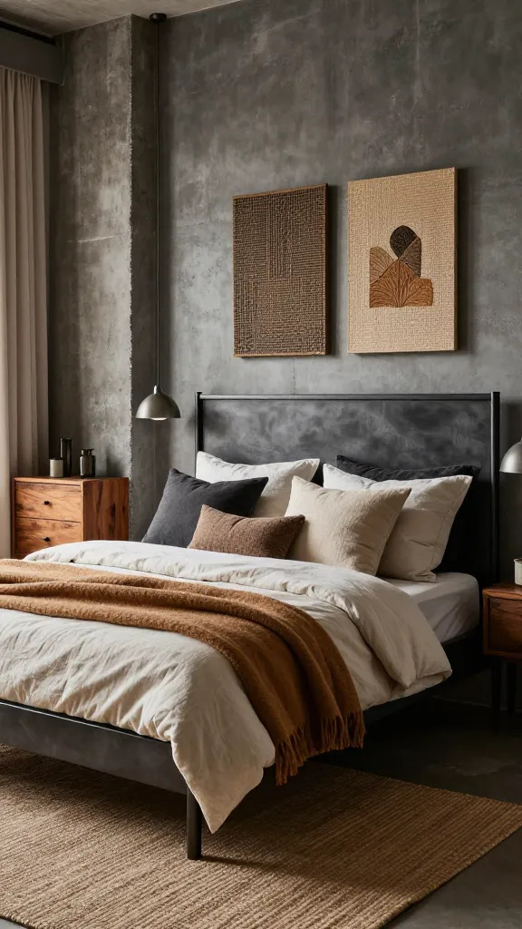 Create a hyper-realistic, high-quality photo of a "Rustic Modern Loft" bedroom that embodies chic urban comfort with hearty fall warmth. The scene centers on a metal-framed bed with a tall, charcoal-gray brushed steel headboard, dressed in layered textiles: a warm wool blanket draped at the foot, a linen duvet in ivory, and an assortment of textured throw pillows in charcoal, taupe, and soft cream. Surround the bed with layered textures: a jute rug underfoot, linen curtains in a warm ivory, and woven wall art as a welcoming focal point behind the bed. Include a concrete wall or exposed concrete columns to establish the modern-industrial vibe, with warm wood accents such as a reclaimed wood nightstand and a mid-century-inspired dresser. Add subtle metallic touches in brushed steel hardware and a minimal metal pendant light overhead. The palette should be charcoal gray, warm wood tones, and ivory accents, creating a tactile, cozy atmosphere. The room should feel urban yet inviting, with soft lighting that highlights texture and depth, and no text on the image. The main subject is the bed as the focal point, with carefully arranged textiles and decor to convey layered textures and fall warmth.