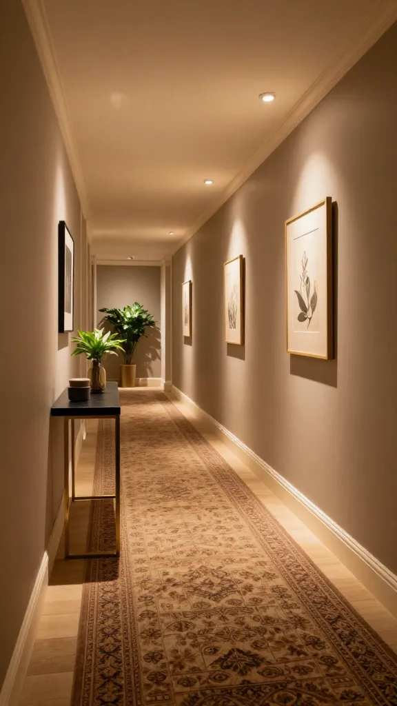 A long, elegant hallway with taupe walls and cream trim, bathed in a warm golden glow from a row of small, recessed or wall-mounted lights that create soft pools of light along the floor. A rich-hued runner rug extends the length, complementing black and brass accents on a slim, minimalist console table positioned against one wall. Above the console, a few small, thoughtfully styled artworks and a couple of lush green plants add texture and life. The overall feel is sophisticated and inviting, with a cohesive palette of taupe, cream, and brass, capturing a seasonal autumn vibe that makes guests feel warmly welcomed as they move from room to room. The main subject: the deep taupe hallway itself as a poised, seasonal runway. No text on the image.