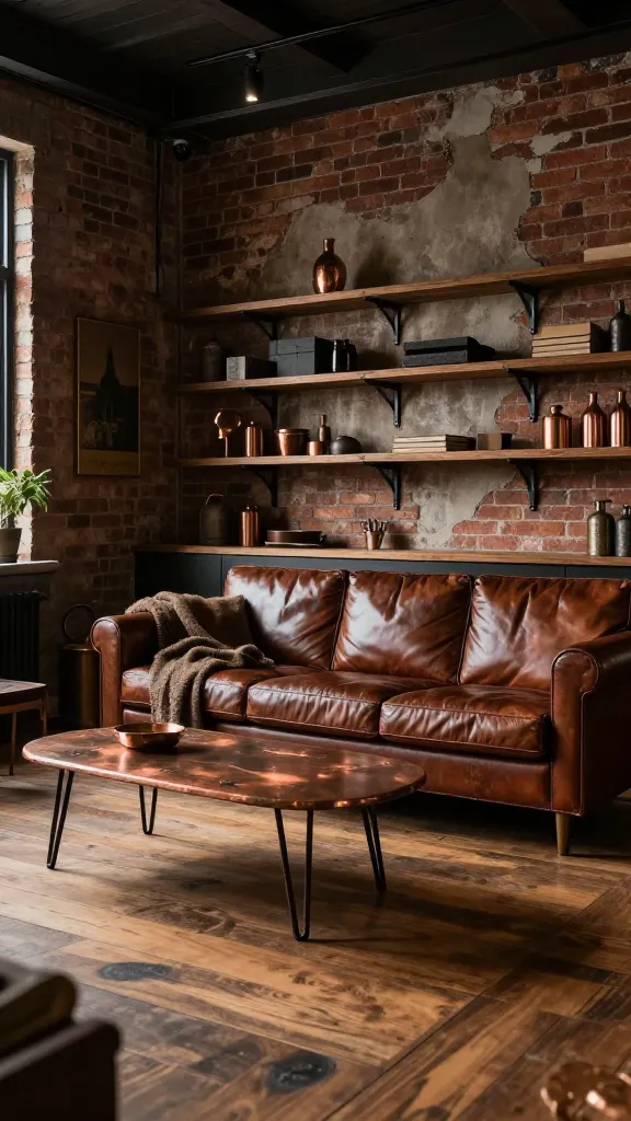 A high-resolution, photorealistic interior scene of a rustic bronze and leather studio loft. The main subject is a moody yet welcoming open-plan space that feels masculine without stiffness, featuring a plush dark brown leather sofa as the focal point, accompanied by a bronze coffee table with a warm copper patina and rugged metal hairpin legs. Surround the seating area with wooden shelving supported by blackened metal brackets, filled with curated decor and storage. Incorporate warm wood floors and exposed brick or weathered plaster walls in deep earthy tones, with bronze and copper accents throughout (lighting fixtures, vases, and trim). Add a soft, textured throw draped over the sofa and a low-maintenance earthy plant to bring a touch of nature. Lighting should be warm and ambient, casting cozy shadows to enhance depth and the masculine yet inviting vibe. The space should feel open and breathable, suitable for an open-plan studio or man cave, conveying confidence and cozy vibes without stiffness. No text or branding anywhere in the scene.